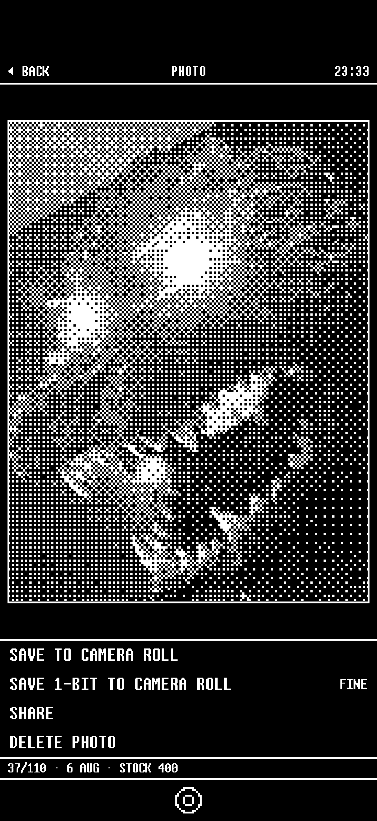 A photograph opened in 1bit: a snarling animal rendered in black and white pixels, with save and share actions below.