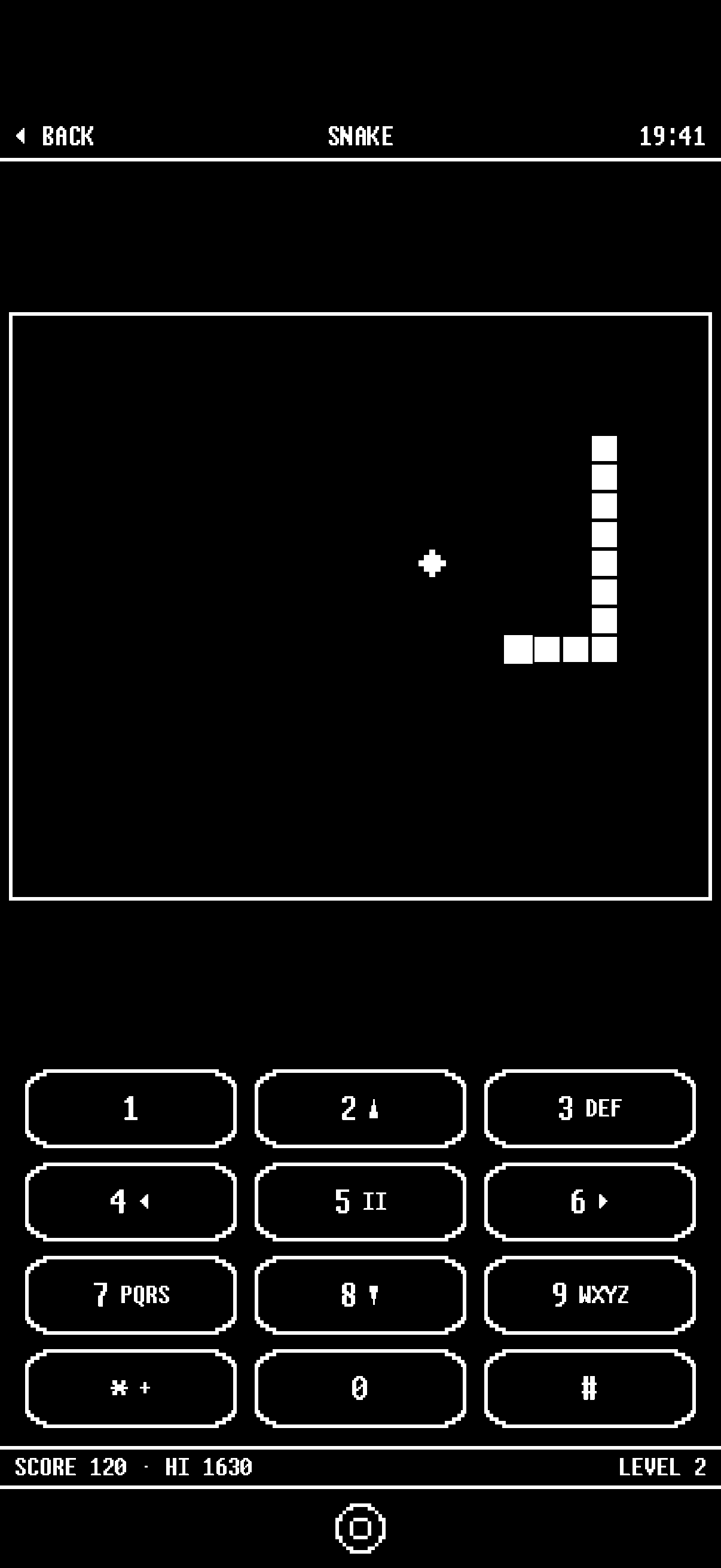 Snake running in 1bit on iPhone, played on a black and white grid above a drawn keypad.