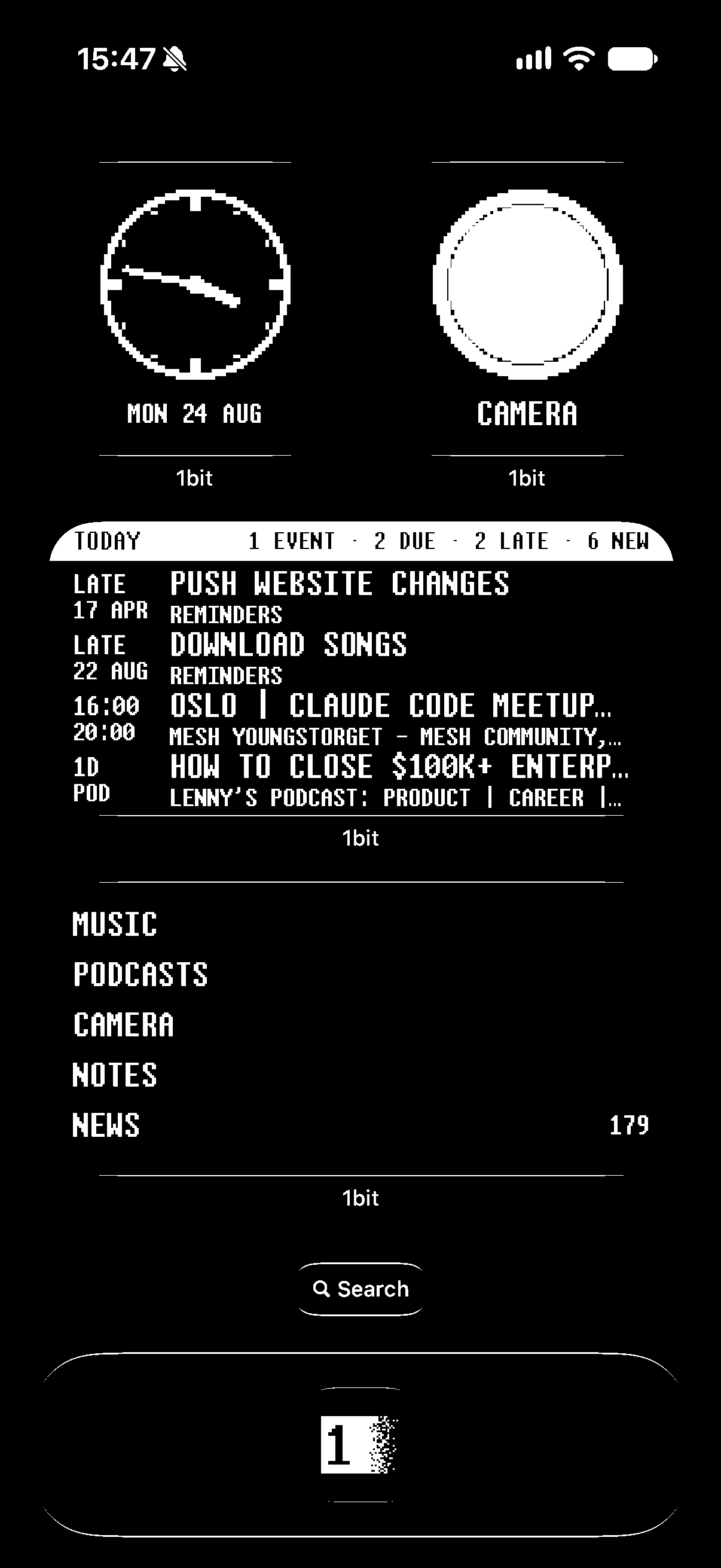 An iPhone home screen with black wallpaper carrying only 1bit widgets: a clock dial, a camera button, today's reminders and podcasts, and the launcher list.