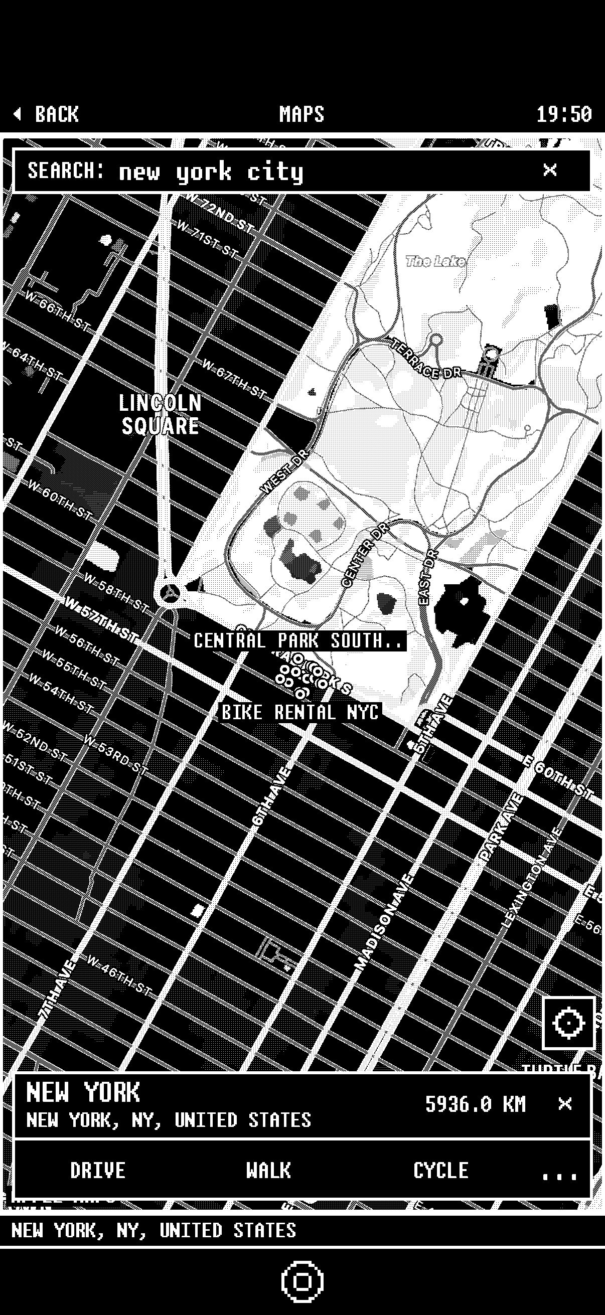 A city map in 1bit for iPhone, drawn in black and white pixels, with a search field.