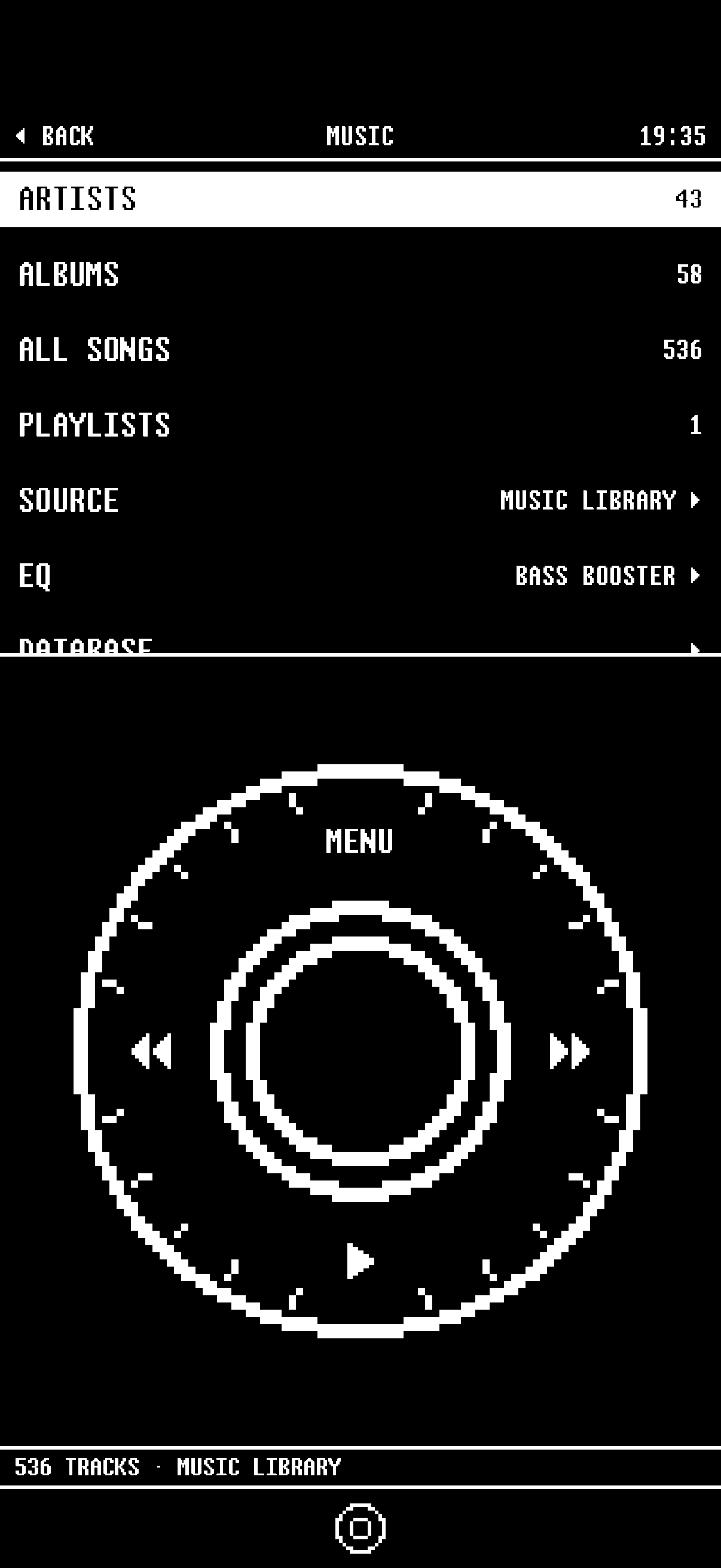 The 1bit music player on iPhone, with artists and albums above a drawn click wheel.