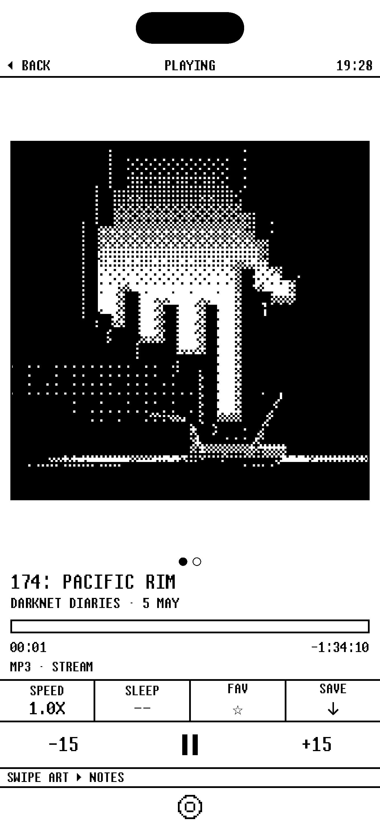 A podcast playing in 1bit: black and white artwork above a scrub bar and transport controls.