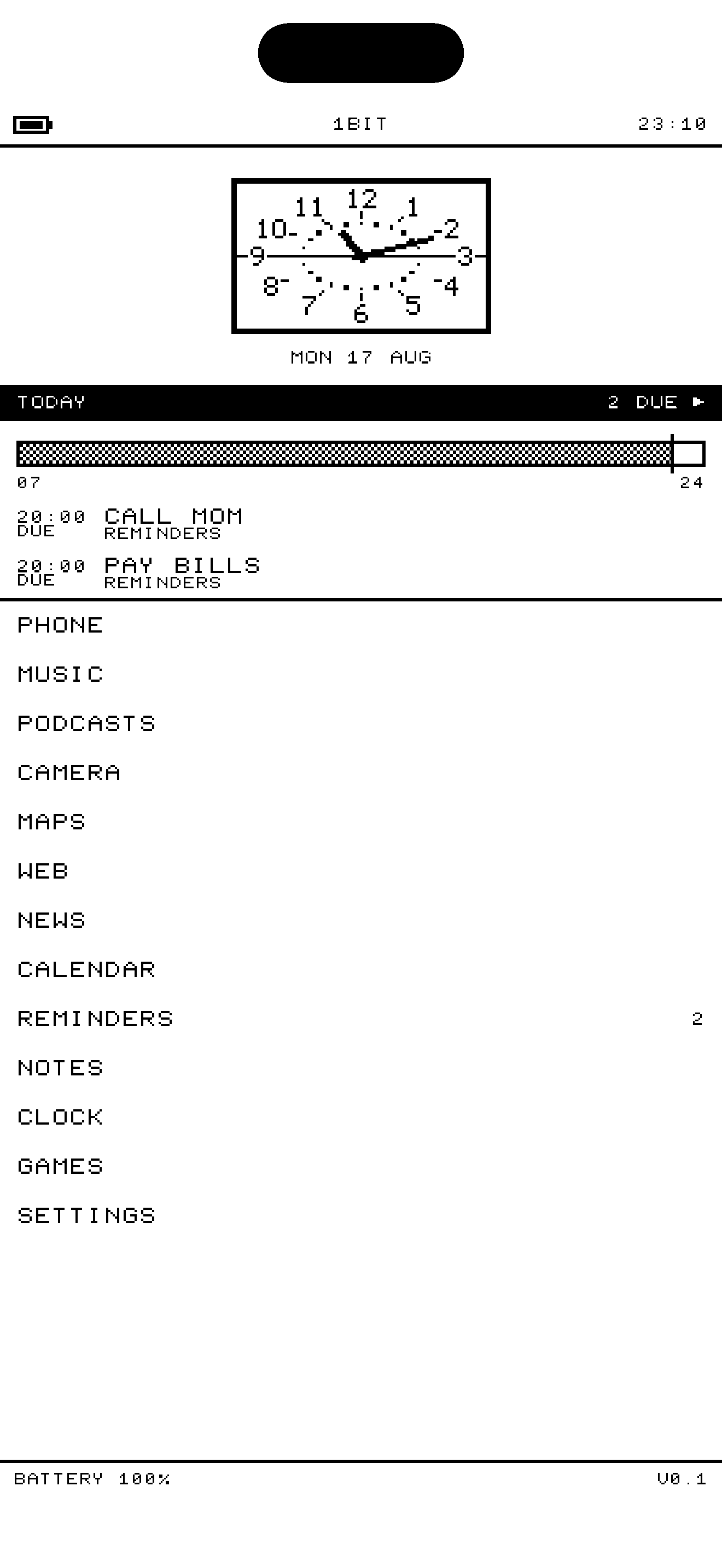 The 1bit launcher set in a lighter pixel face, showing the same rows at a different weight.